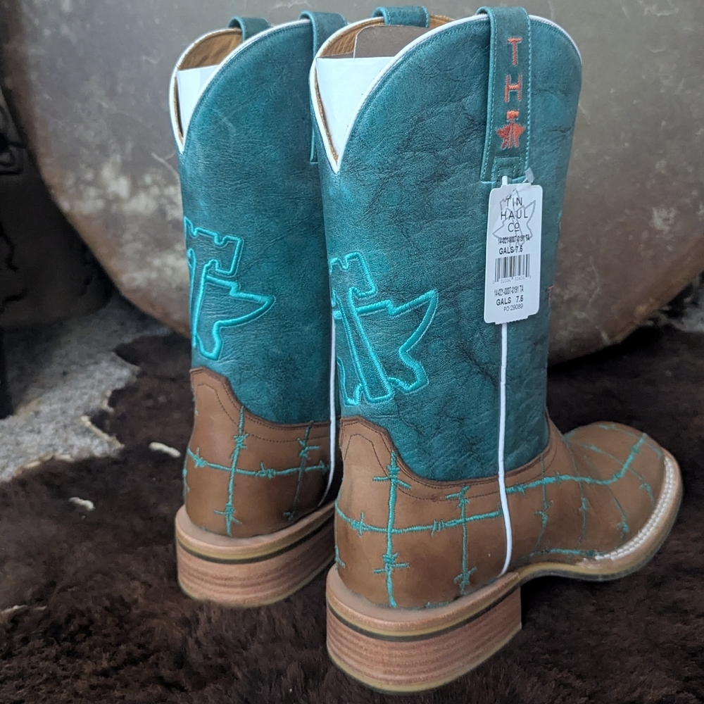 TIN HAUL "Barb'd Wire" turquoise & brown leather square toe cowgirl boots sz 7.5 - Picture 7 of 16